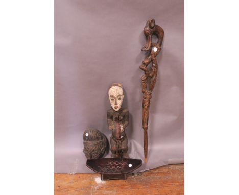 A COLLECTION OF AFRICAN HARDWOOD CARVED FIGURES, stool and walking stick, mask