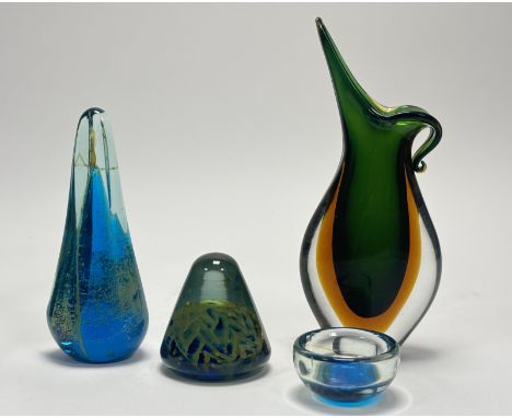 A collection of decorative art glass comprising, a clear, blue and yellow tealight holder, a Mdina dumped style conicle paper