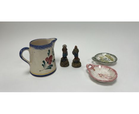 A French faience milk jug decorated with a female figure holding an umbrella and floral motifs (marked 'Lucon' verso) (h. 12.