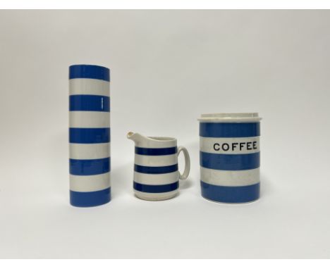 A T.G Green Cornishware storage jar with 'COFFEE' inscribed to the side (a/f chips) (h. 17cm), together with a T.G Green Corn