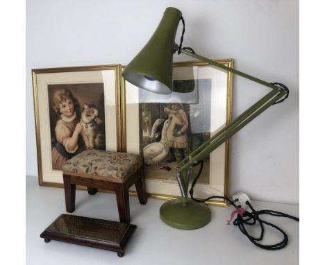 A child's footstool, a cribbage board, two prints an anglepoise lamp and a Venetian mirror (6) 