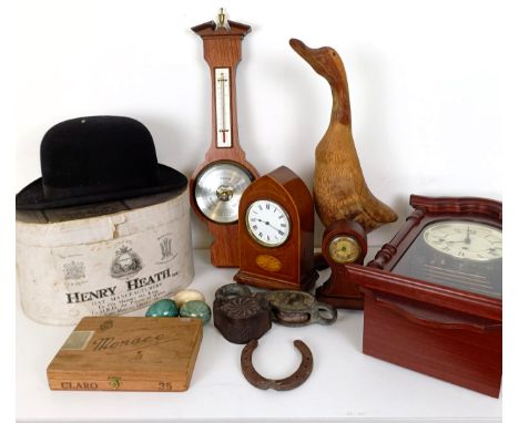 A mantel clock, in a mahogany case, another, a wall clock, a barometer, a top hat, boxed, and assorted other items (box) 