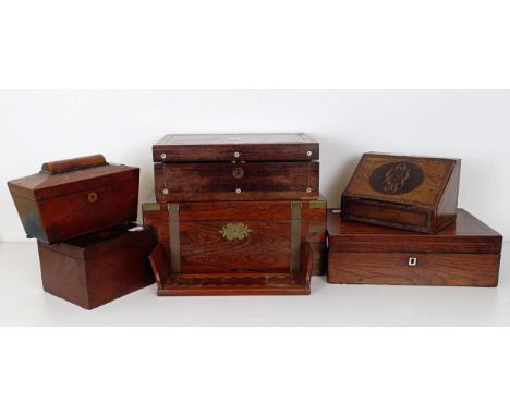 A 19th century mahogany brass bound writing box, 40 cm wide, five other boxes,&nbsp;Killarney yew book trough&nbsp;(7)