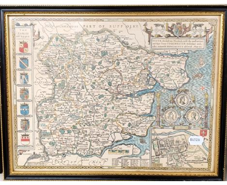 A Robert Morden, Map of Somerset Shire, 30 x 40 cm, heavily foxed, two other maps and an Eastern puppet, mounted on glass 