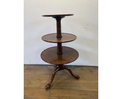 A mahogany three tier dumb water, on a tripod base, 102 cm high 