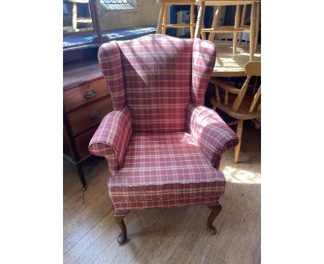 A mahogany dressing table, a wingback armchair, a wine table, and a tray top commode (4) 