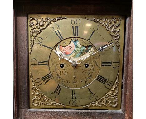 A longcase clock, the brass dial signed J Whitworth, Lussley, with a phase of the moon and a subsidiary date dial, fitted an 