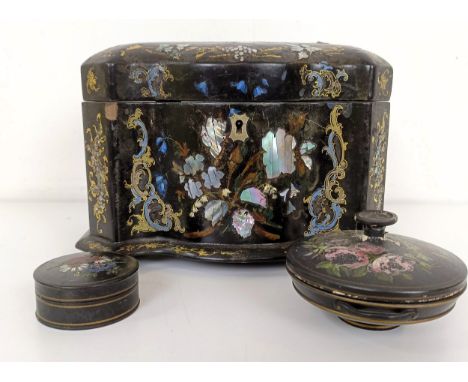 A 19th century papier mache and mother of pearl inlaid serpentine tea caddy, 20 cm wide, and two boxes (3) 