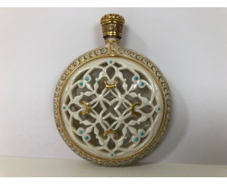 A late 19th/early 20th century reticulated porcelain scent bottle, probably Worcester and possibly George Owen, 8 cm wideSmal