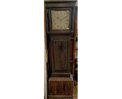 A longcase clock, with a painted dial, fitted a thirty hour movement, in a pine case, 193 cm highIn need of restoration 