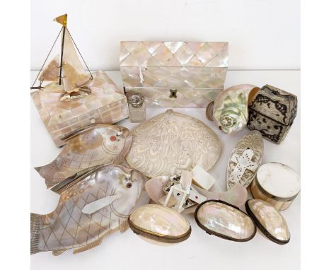 A mother of pearl veneered three bottle caddy, 17 cm wide, and assorted mother of pearl items (qty) 