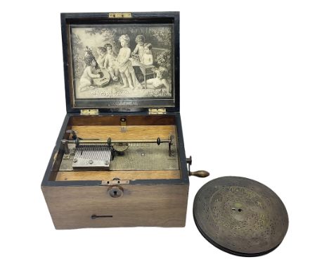 Late 19th century walnut cased Symphonion with side cranking handle, playing 19cm discs on a 7cm comb with forty-one teeth (o