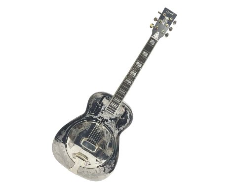 Ozark metal cased resonator guitar with all over chased foliate decoration to the polished finish and mother-of-pearl inlay t