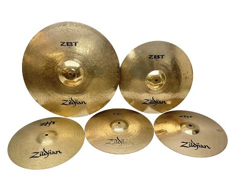 Five Zildjian cymbals - ZBT Ride D51cm (20"); ZBT Crash D40cm (16"); ZBT HIHat Top and Bottom D36cm (14"); and ZHT Fast Crash