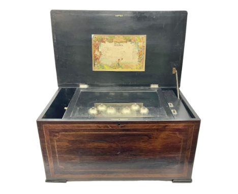 Large 19th century Swiss cross-banded rosewood and ebonised bells-in-sight musical box; the hinged lid with floral marquetry 