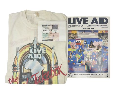 Live Aid memorabilia 13th July 1985 Wembley Stadium - Official Programme with ticket; and The Global Juke Box T-shirtConditio