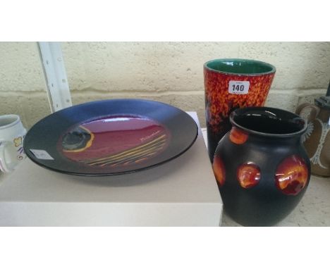 A modern Poole Pottery Studio vase, decorated in the Sea Fire pattern together with a small Millennium dish (boxed) and a Vol
