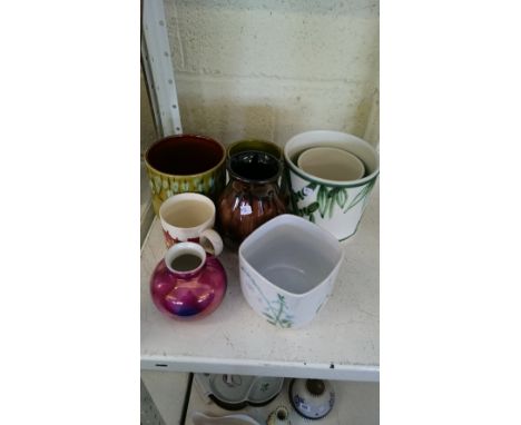 Eight various Poole Pottery plant pots and other items.