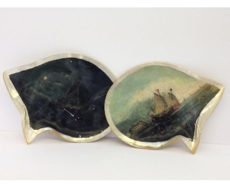 A pair of 19th century Chinese painted Mother of pearl shells decorated with scenes of Macau Harbour by day and night.