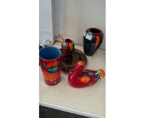 Five various Poole Pottery Living Glaze items including a model of a Duck.