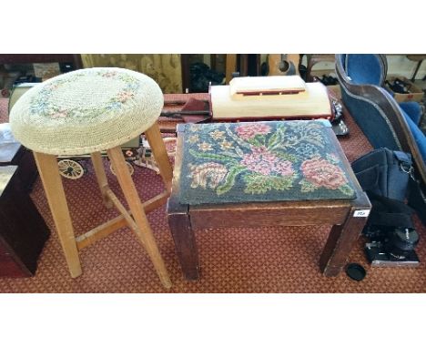 An Arts and Crafts oak stool with embroided seat by the Soldiers Embroidery Industry, 42 Ebury Street together with a later b