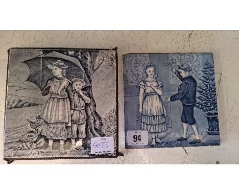 A late 10th century Josiah Wedgwood & Sons monochrome transfer decorated tile: April, decorated with a Girl and Boy shelterin