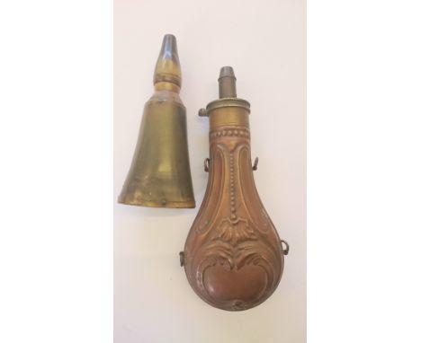 A James Dixon Patent copper powder flask together with a horn powder flask.
