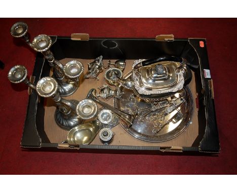 Box of assorted plated wares to include spirit kettle on stand, pair of three light candelabra, etc