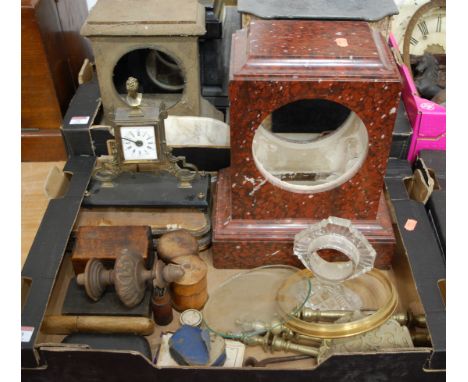 A box of miscellaneous clock parts and watchmakers tools, to include rouge marble clock case, glass bezels, finial etc