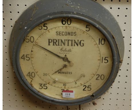 A circa 1950 wall clock having grey painted case housing circular dial with Arabic numerals, marked seconds printing Celeste,