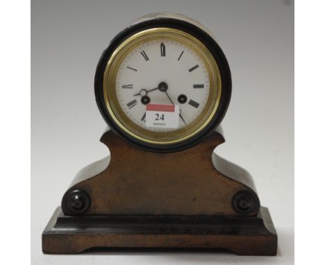 A Victorian walnut and ebonised cased drum-head mantel clock, having enamelled dial with Roman numerals and eight day movemen