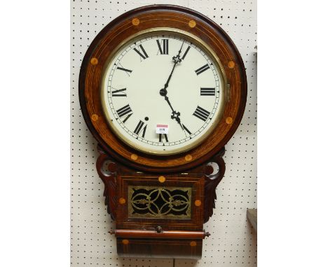 A Victorian rosewood and satinwood inlaid drop trunk wall clock having a circular enamel dial with Roman numerals and twin wi