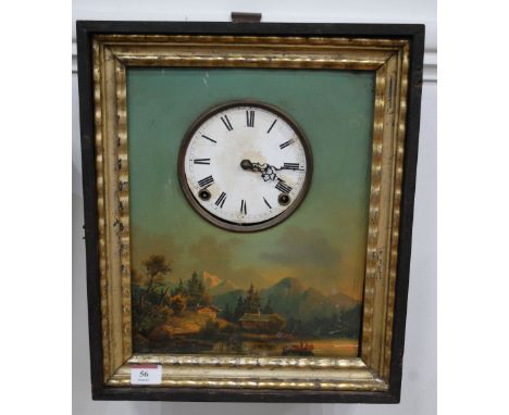 A late 19th century Continental picture clock, having enamelled dial with Roman numerals, the surround painted on tin with a 