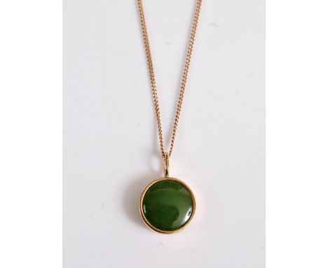 A jade necklace, the round jade pendant, collet mounted, 14mm diameter, with fixed hanging bale and fine 9ct chain, (4.3g)