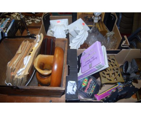 Three boxes containing a quantity of mixed collectables, to include glassware, brassware, a spelter mounted figure of an eagl
