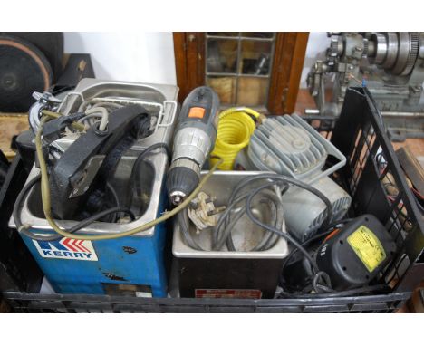 A collection of assorted clockmakers tools and accessories, to include Draper five-piece air toolkit, various drills etc