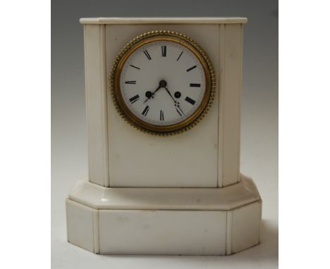 A late 19th century white slate cased mantel clock, of architectural form, having an enamelled dial with Roman numerals and e