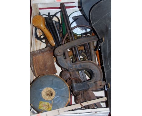 A quantity of mixed bygone tools, to include metal clamps, wooden mallets, gauges etc