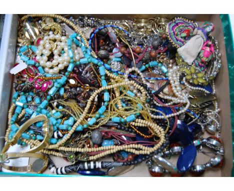 A box of miscellaneous costume jewellery to include ladies Accurist gold plated cased wrist watch, faux pearl bracelet, paste