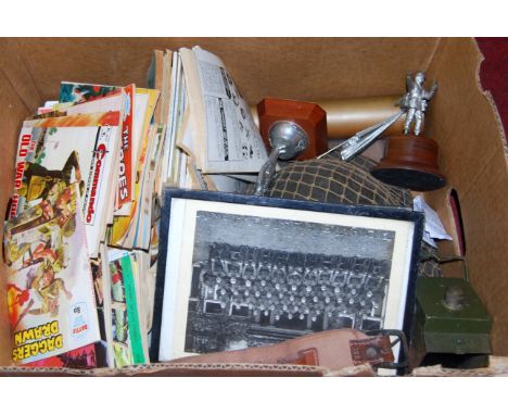 A box containing a quantity of mixed items, to include The Old War Horse Picture Library magazines, a framed and glazed Navy 