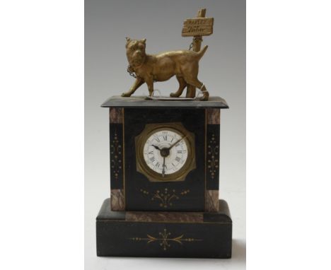 A late 19th century black slate mantel clock, having an enamelled dial with Roman numerals and Arabic outer numerals, the who