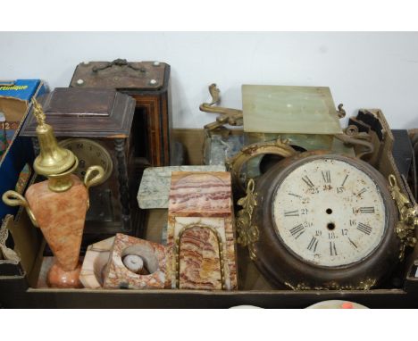 A collection of clock cases, parts and accessories, to include onyx examples, rouge marble obelisk, garniture urn etc