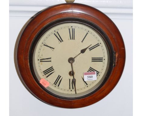 A Victorian mahogany cased wall clock having enamelled dial with Roman numerals, single winding hole for a 30 hour movement, 