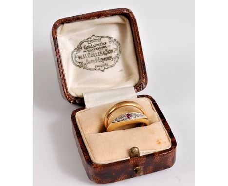 A 22ct wedding band (3.0g) and an 18ct ruby and diamond ring, (3.3g), (2)