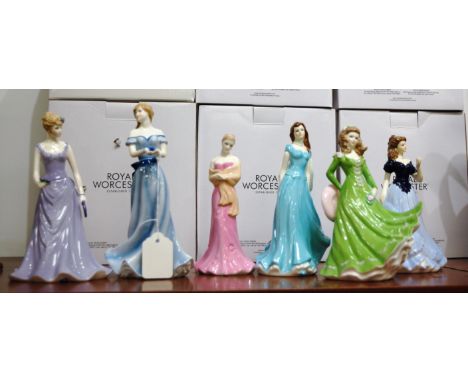 A collection of 6 boxed Royal Worcester figurines to include Grace, Taurus, Bridesmaid, Victoria, Clare, and Happy Birthday