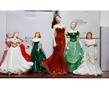 A collection of six boxed Royal Worcester figurines to include Elizabeth, Olivia England, Joy, Lady in Red, Newborn, and Susa