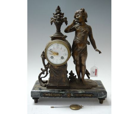 A late 19th century French gilt metal mantel clock, the enamelled dial with Arabic numerals, having eight day cylinder moveme