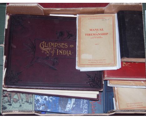 A box of mixed ephemera and leather backed books, to include Manual of Firemanship, Glimpses of India etc