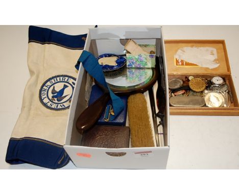 A box of miscellaneous items to include masonic sash, hand mirror, glove stretchers, commemorative coinage etc