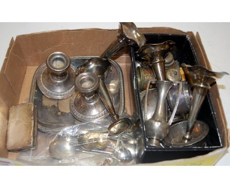 A small collection of miscellaneous silver plated items to include pair of dwarf table candlesticks, spill vases, loose flatw